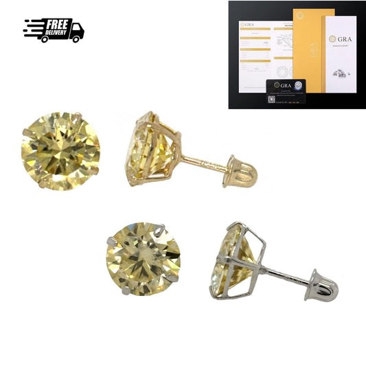 14K Gold GRA Certified D-VVS1 Lemon Yellow Moissanite Screw Back Studs Earrings