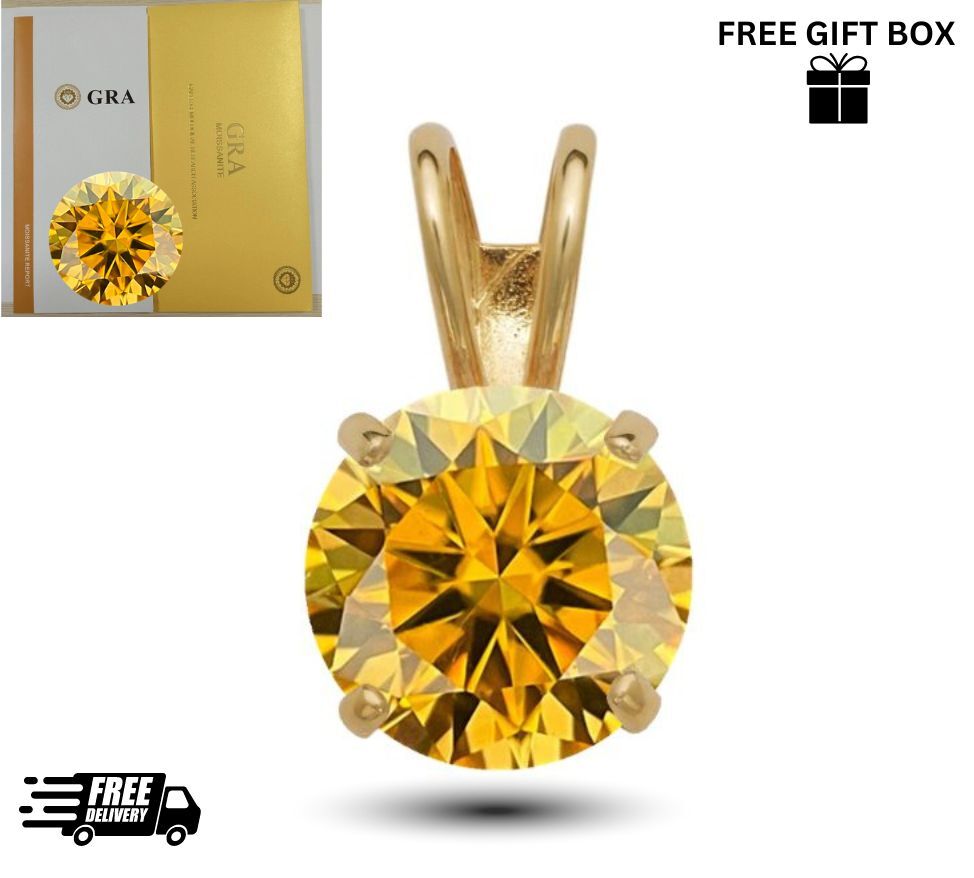 14K Gold GRA Certified D-VVS1 Round Yellow Moissanite Pendant