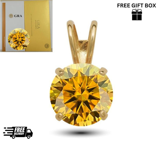 14K Gold GRA Certified D-VVS1 Round Yellow Moissanite Pendant