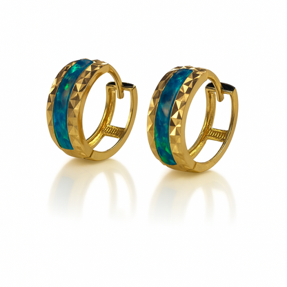 14k Yellow Gold Dark Green Opal Huggie Hoop Earrings