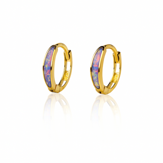 14k Yellow Gold Purple Opal Huggie Hoop Earrings