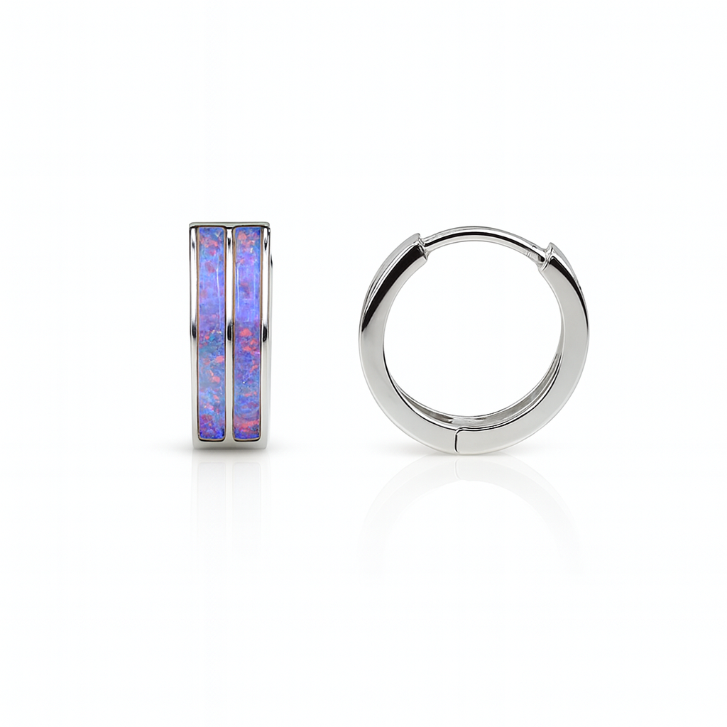 14k White Gold Double Row Purple Opal Huggie Hoop Earrings
