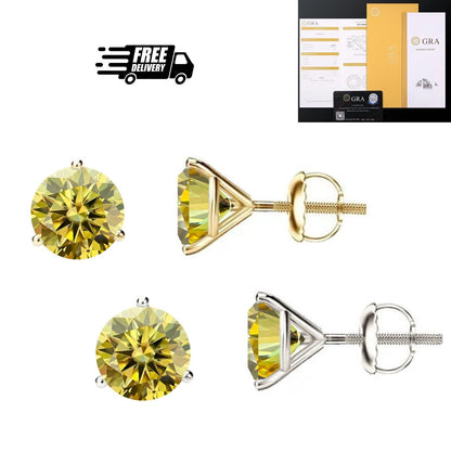 14K Gold GRA CertifiedD-VVS1 Lemon Yellow Moissanite ScrewBack Stud Earrings