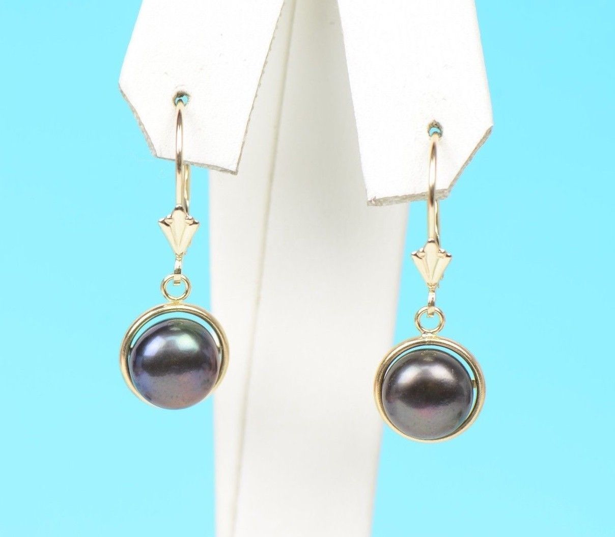 14k Yellow Gold Leverback Dangle Black Natural Pearl Earrings