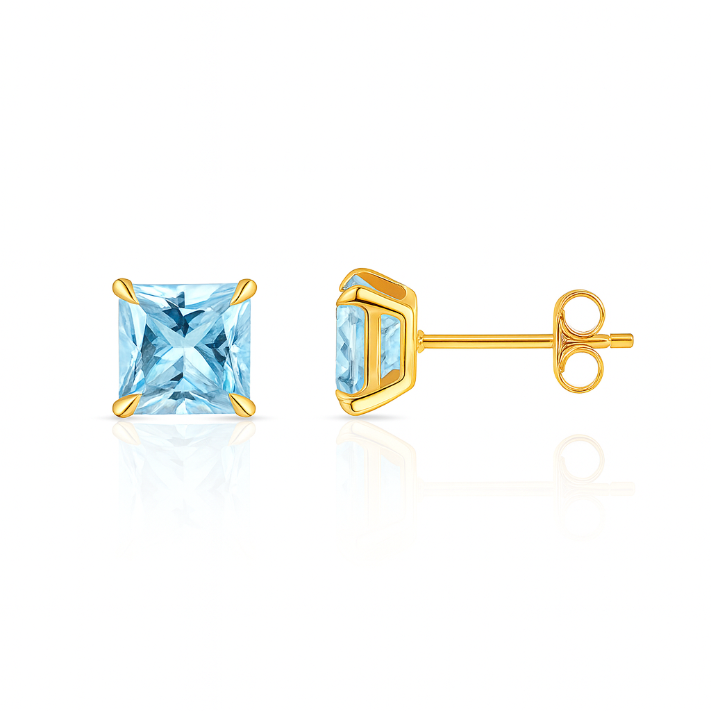14k Yellow Gold Solid Square Princess Cut Birthstone 6MM CZ Stud Earrings
