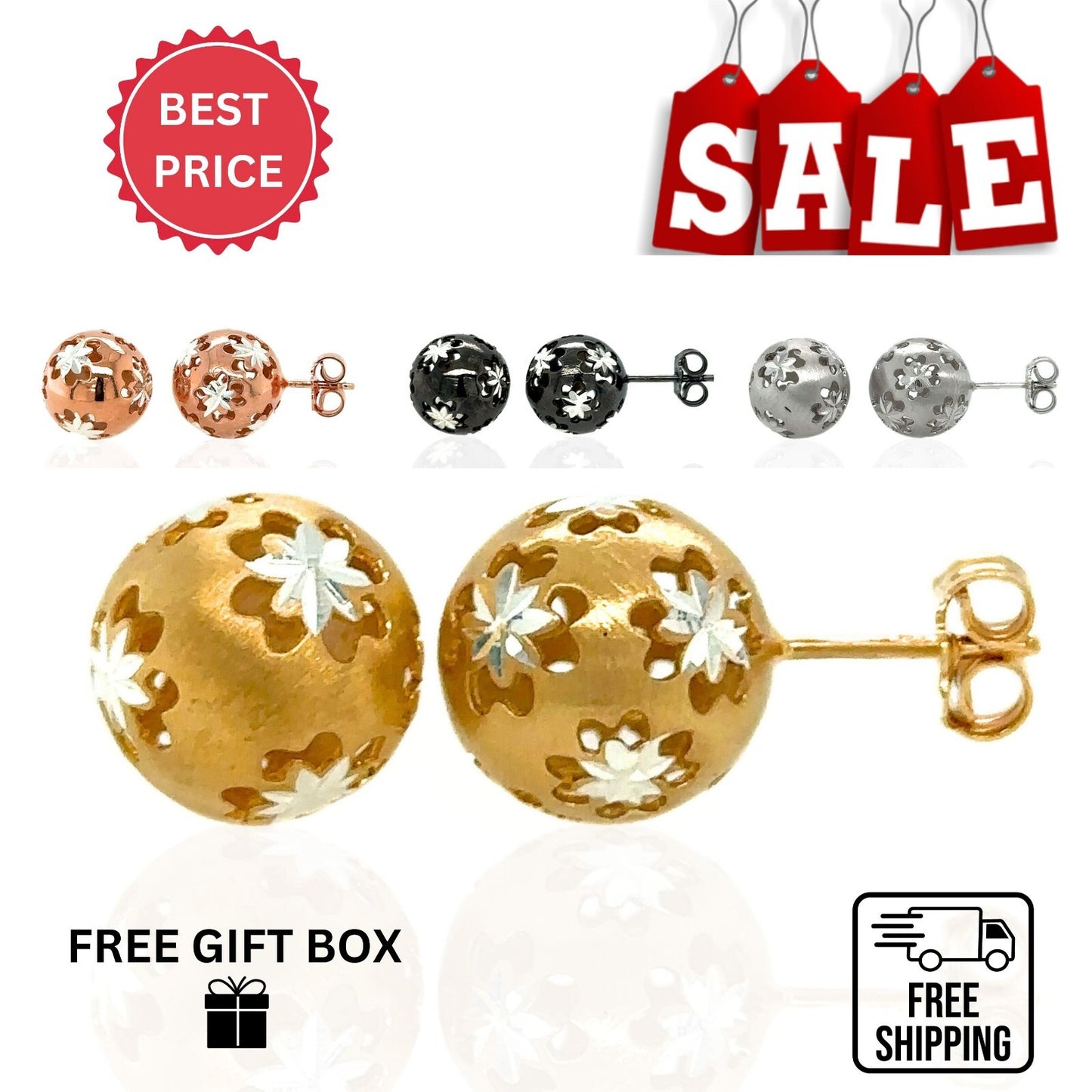 925 Sterling Silver High Quality Italy Ball Push Back  Stud Earrings for Women