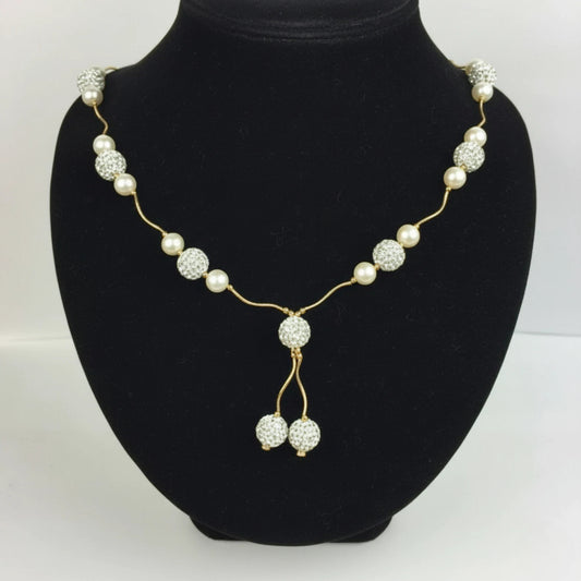 14K Yellow Gold Beautiful Freshwater Pearl Necklace with Czech Crystal for Women