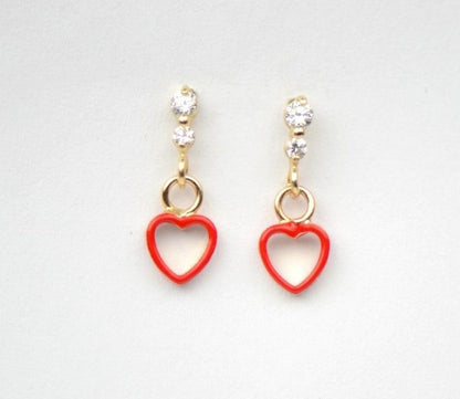 14K Solid Yellow Gold Heart Shape Dangle Earring with Enamel