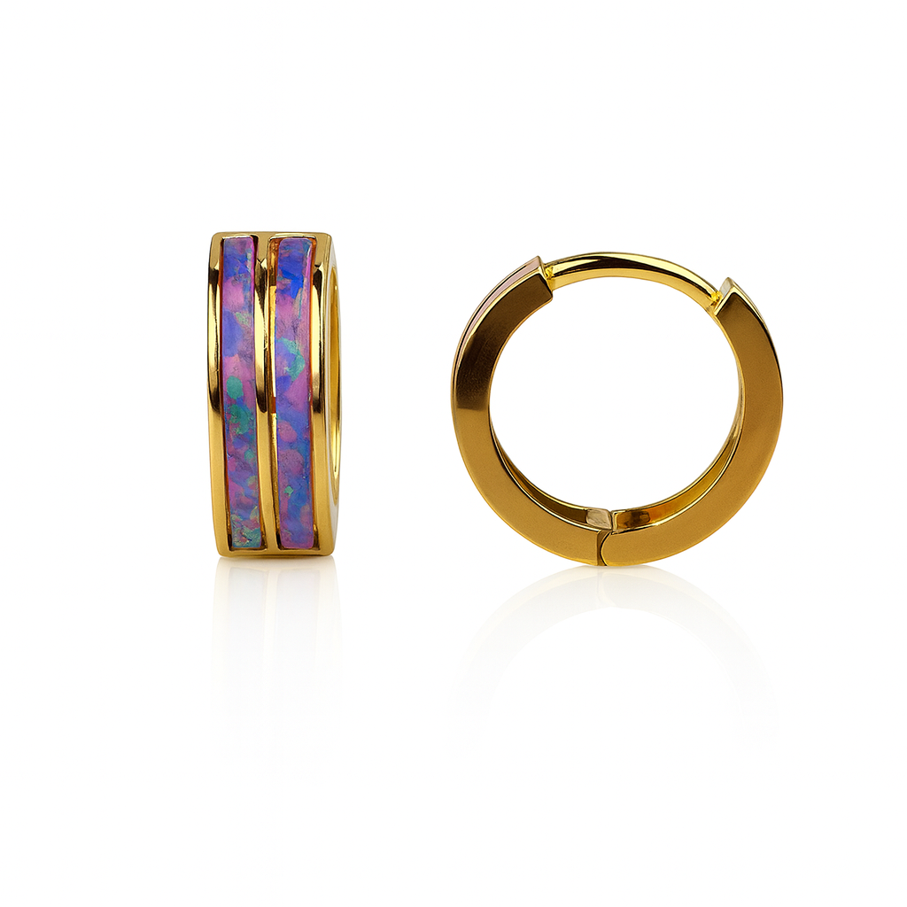 14k Yellow Gold Double Row Purple Opal Huggie Hoop Earrings