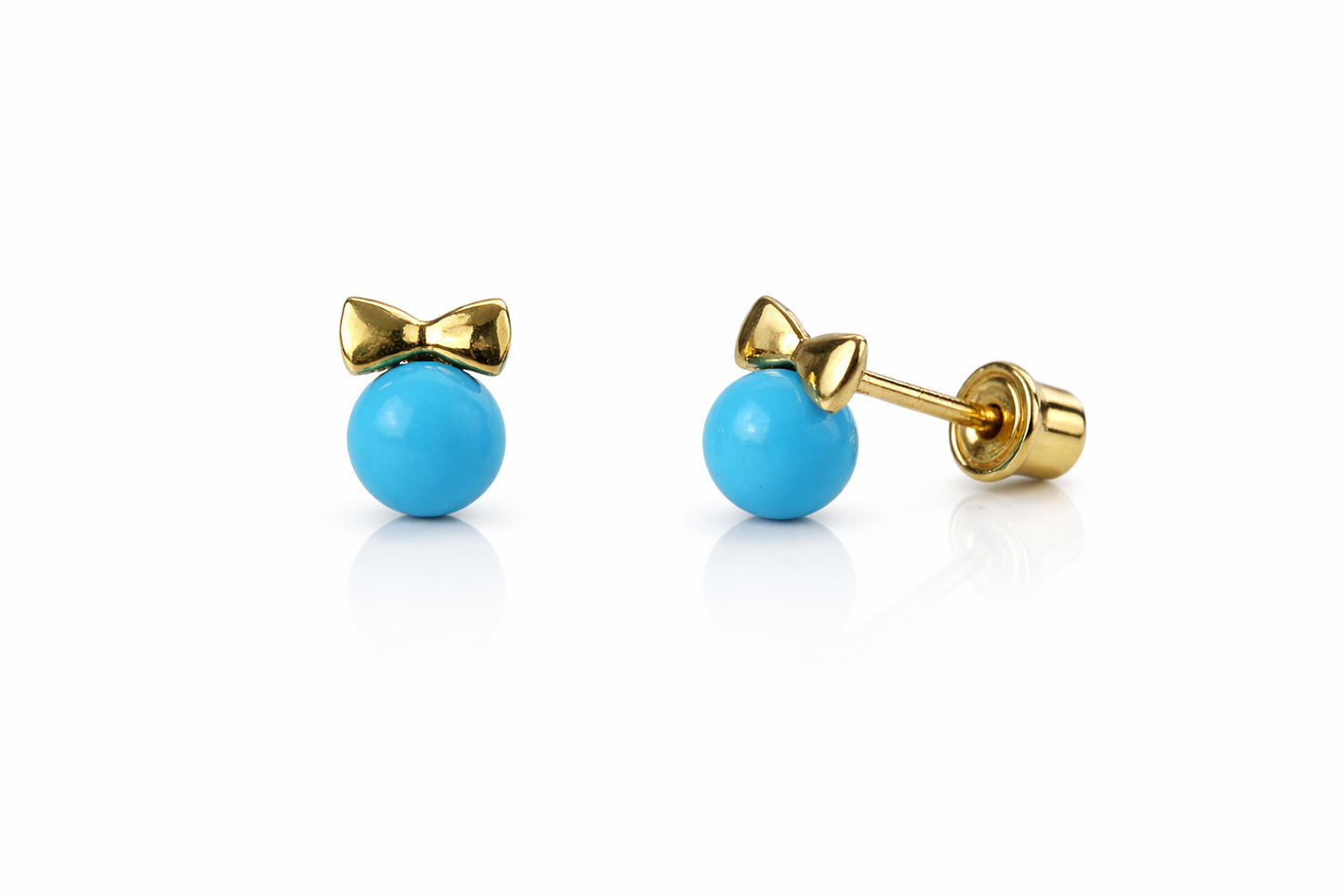 14k Yellow Gold Bow Tie Turquoise Stud Earrings/ Screw Back