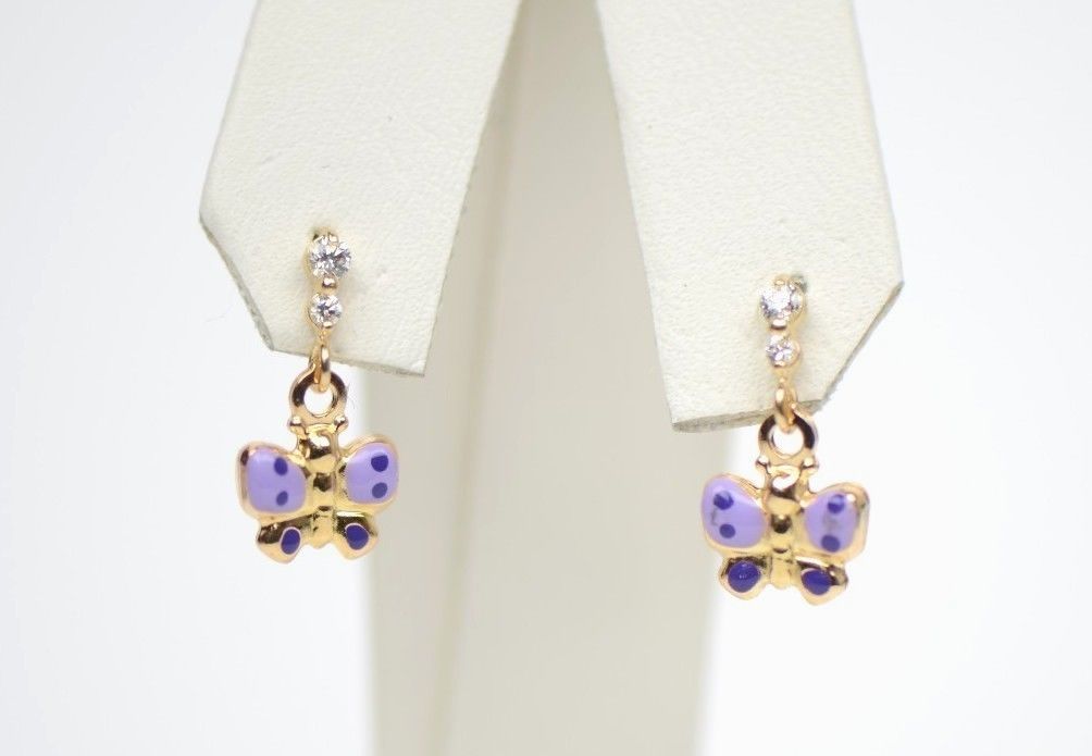 14k Solid Yellow Gold Enamel Butterfly Dangling Earring for Children