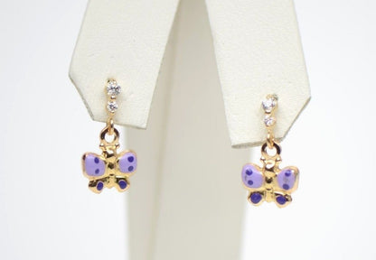 14k Solid Yellow Gold Enamel Butterfly Dangling Earring for Children