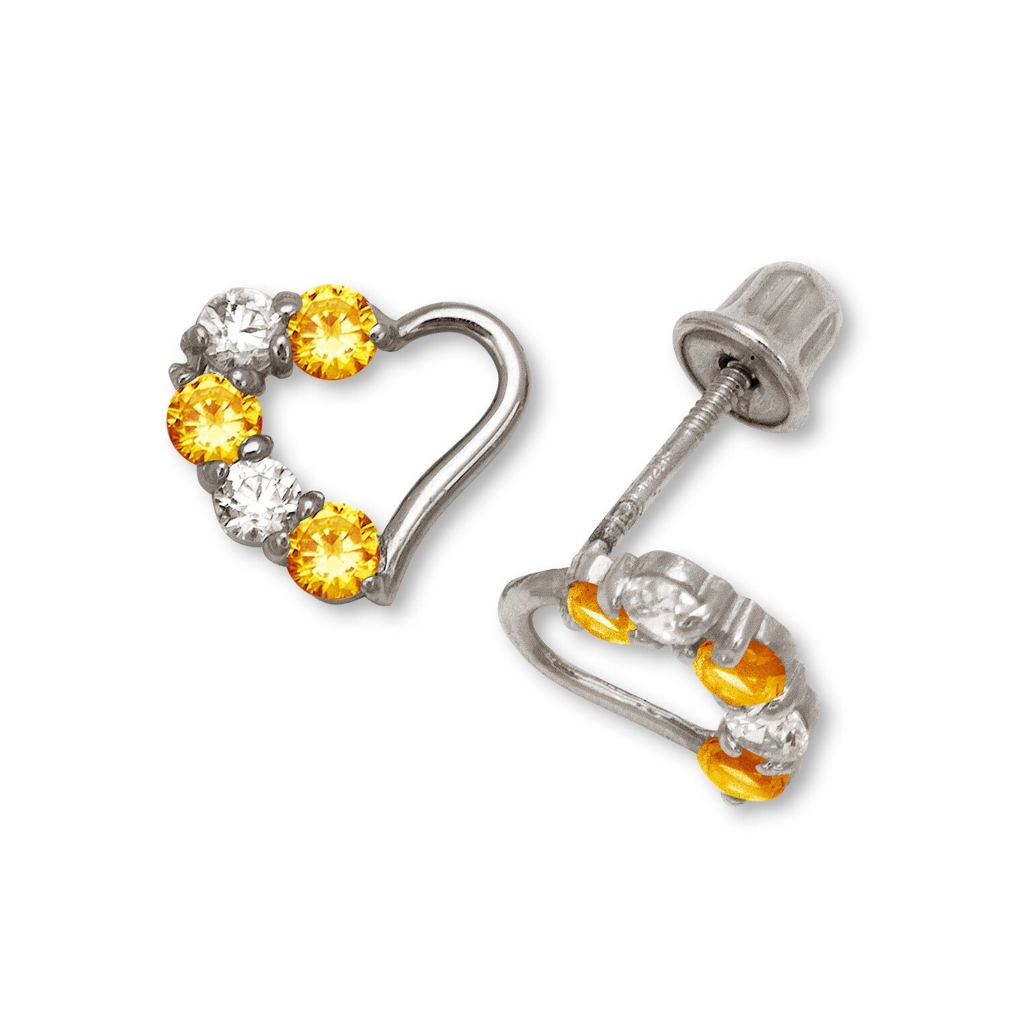 14K Yellow & White Gold Heart Stud Earrings for Girls