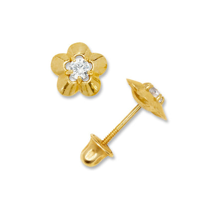 14K Yellow & White Gold Elegant CZ Flower Stud Earrings for  Girls