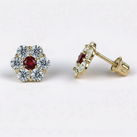 14K Yellow Gold Beautiful Flower CZ Stud Earrings for Women