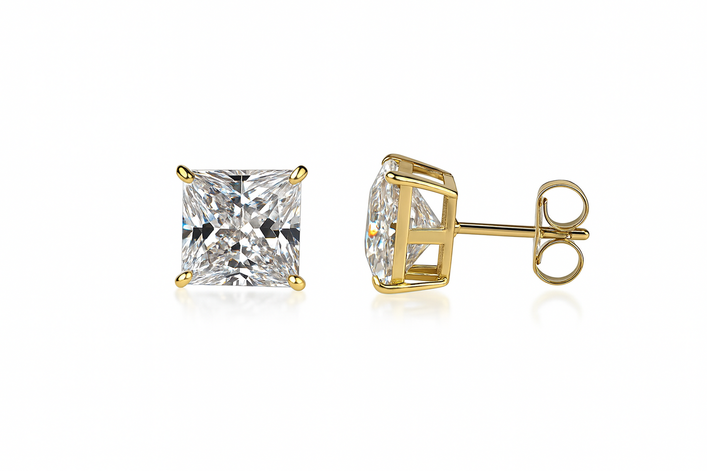 14k Heavy Basket Yellow Gold Square AAA Quality CZ Stud Earrings with Push Back