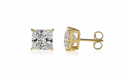 14k Heavy Basket Yellow Gold Square AAA Quality CZ Stud Earrings with Push Back