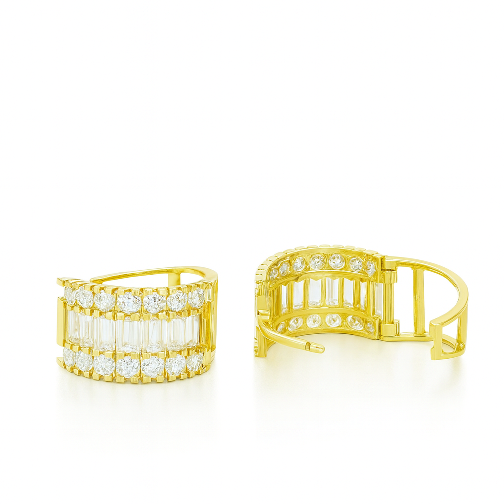 14k Yellow and White Gold  Baguette Huggie Hoop Earrings