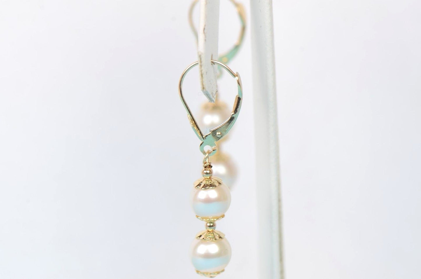 14k Yellow Gold Genuine White Pearls 3pcs Women Set:Necklace, Bracelet, Earrings