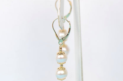 14k Yellow Gold Genuine White Pearls 3pcs Women Set:Necklace, Bracelet, Earrings