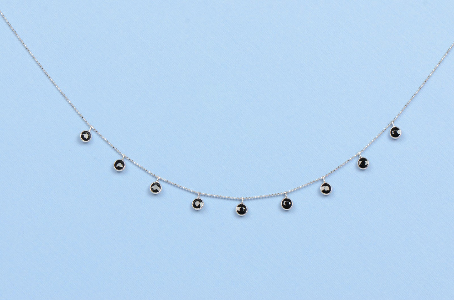14K White Gold Necklace By The Yard With Round Shaped Black CZ 18" Cleopatra