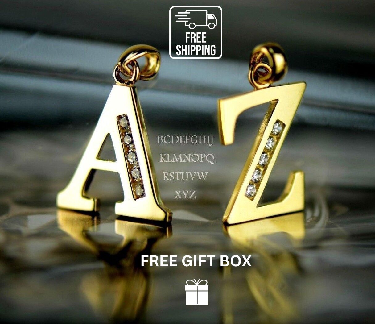 14k Solid Yellow Gold Letter Initial CZ Pendant