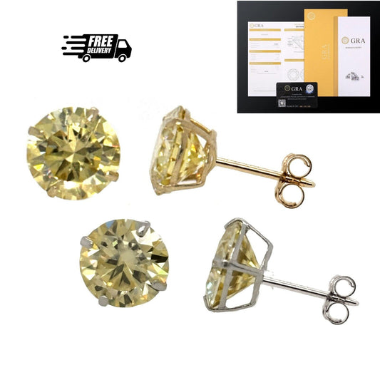 14K Gold GRA Certified D-VVS1 Lemon Yellow Moissanite Push Back Studs Earrings