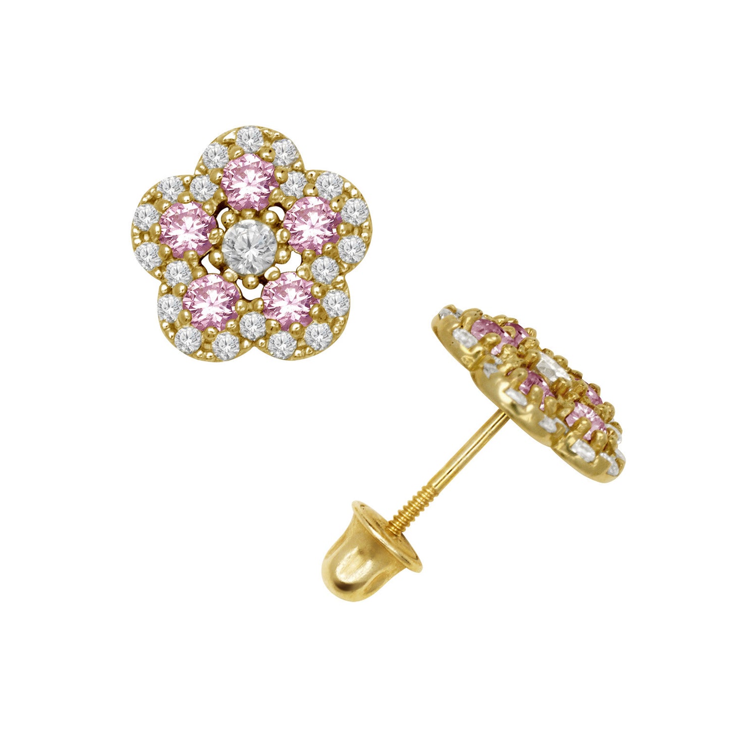 14k Yellow or White Gold CZ Flower Birthstone Stud Screw Back Earrings