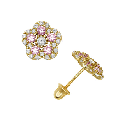 14k Yellow or White Gold CZ Flower Birthstone Stud Screw Back Earrings