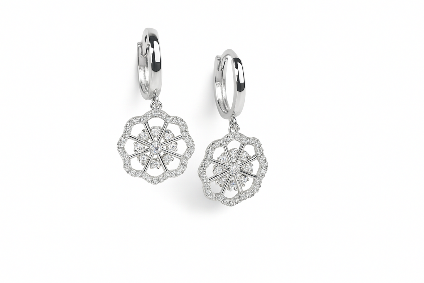 14k Yellow / White Gold Dangle CZ Flower Huggie Earrings