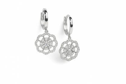 14k Yellow / White Gold Dangle CZ Flower Huggie Earrings