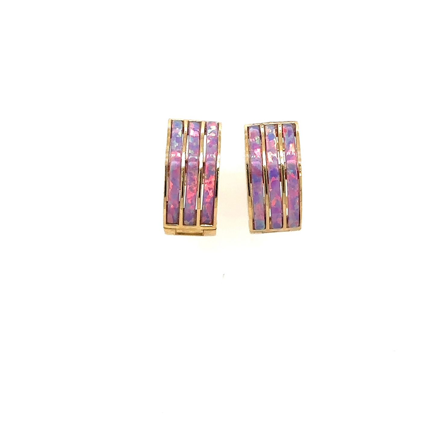 14k Yellow Gold Triple Row Purple Opal Huggie Hoop Earrings
