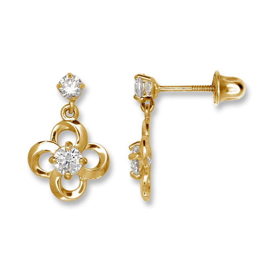 14K Yellow & White Gold CZ Open Frower Screw Back Dangle Earrings for Women