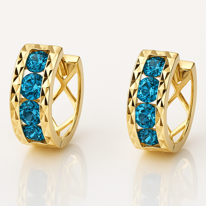 14k Yellow Gold Diamond Cut with Birthstone Huggie Earrings