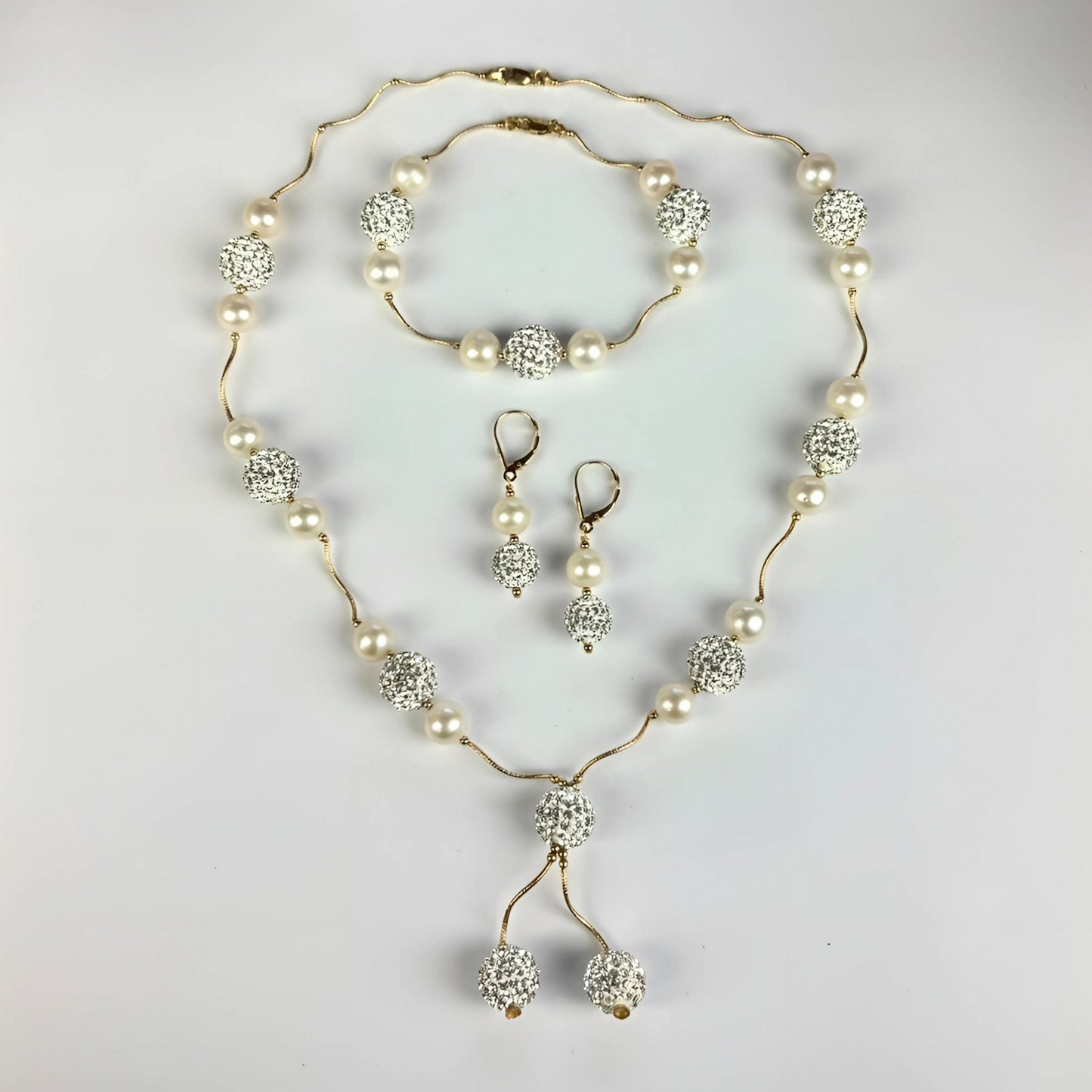 14K Yellow Gold Elegant Genuine White Pearl Necklace Set for Women