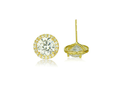 14K Yellow Gold Round Halo CZ Stud Push Back Earrings