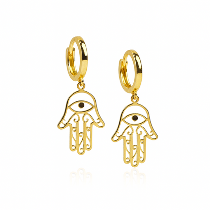 14k Yellow / White Gold Dangle Hamsa Huggie Earrings