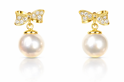 14k yellow white gold bow tie pearl cz stud earring freshwater