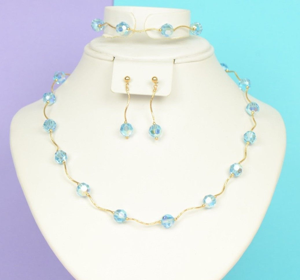 14kYellow Gold swarovski crystals Beads 3pcsWomen Set:Necklace,Bracelet,Earrings
