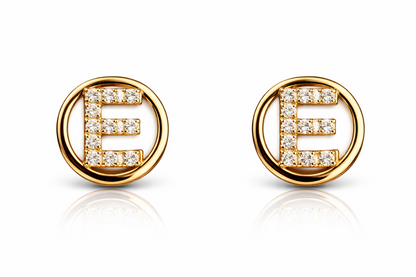14k Yellow or White Gold Round Initial Letters CZ Stud Earrings