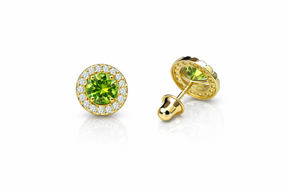 14K Solid White Gold Halo Stud CZ Screw Back Earrings