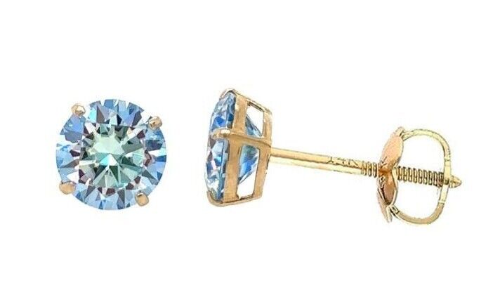 14K Gold GRA Certified D-VVS1 Ocean Blue Moissanite Screw Back Studs Earrings