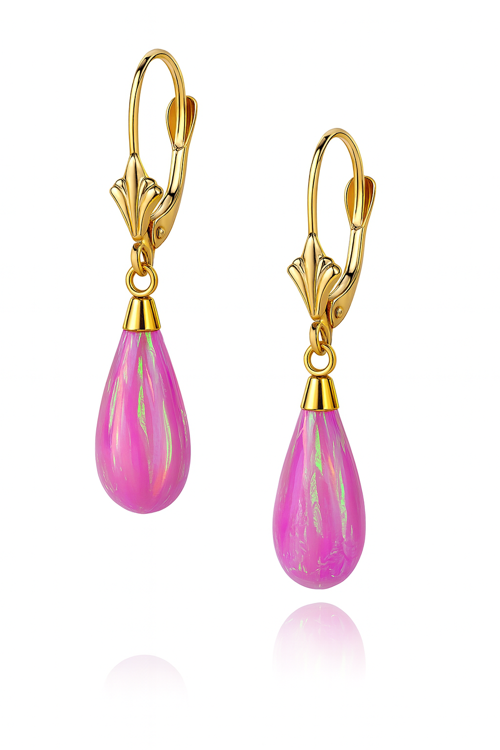 14k Yellow and White  Gold Pink Opal Leverback Earrings