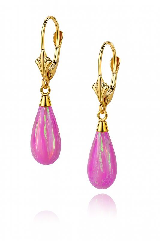 14k Yellow and White  Gold Pink Opal Leverback Earrings