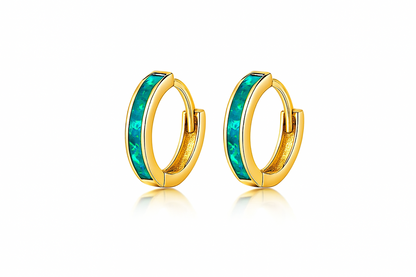 14k Yellow Gold One Row Dark Green Opal Huggie Hoop Earrings