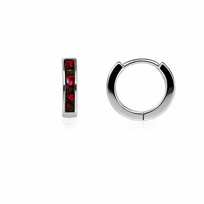 14k White Gold One Row Black Opal Huggie Hoop Earrings