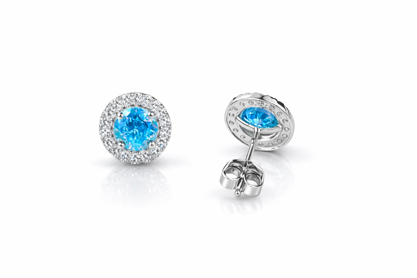 14k White Gold Cubic Zirconia Halo Round Stud Push Back Earrings