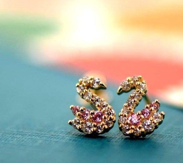 14k Solid White or Yellow Gold Swan Earrings with CZ