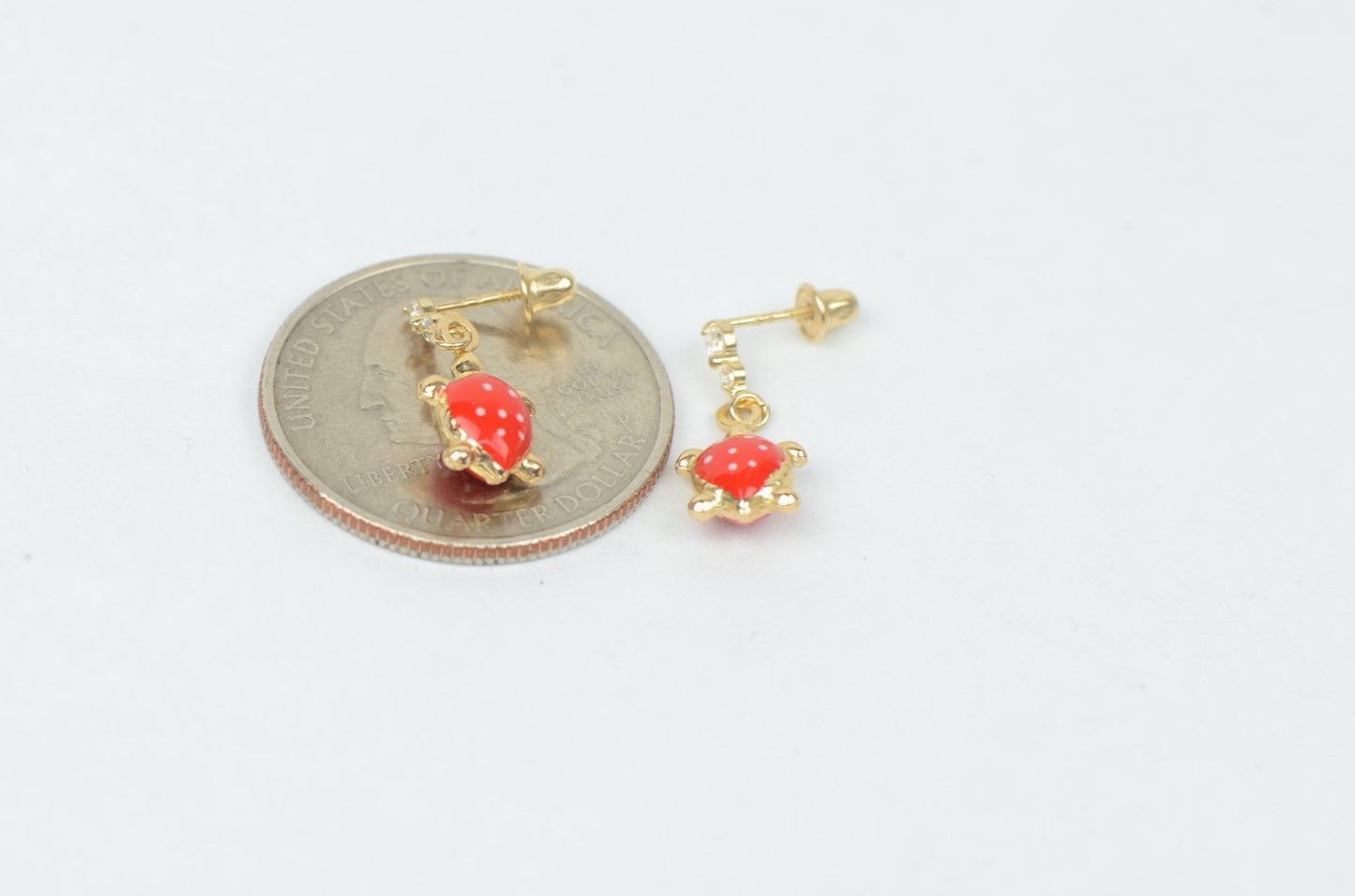 14K Solid Yellow Gold Turtle Enamel Dangle Screw Back Baby Earrings