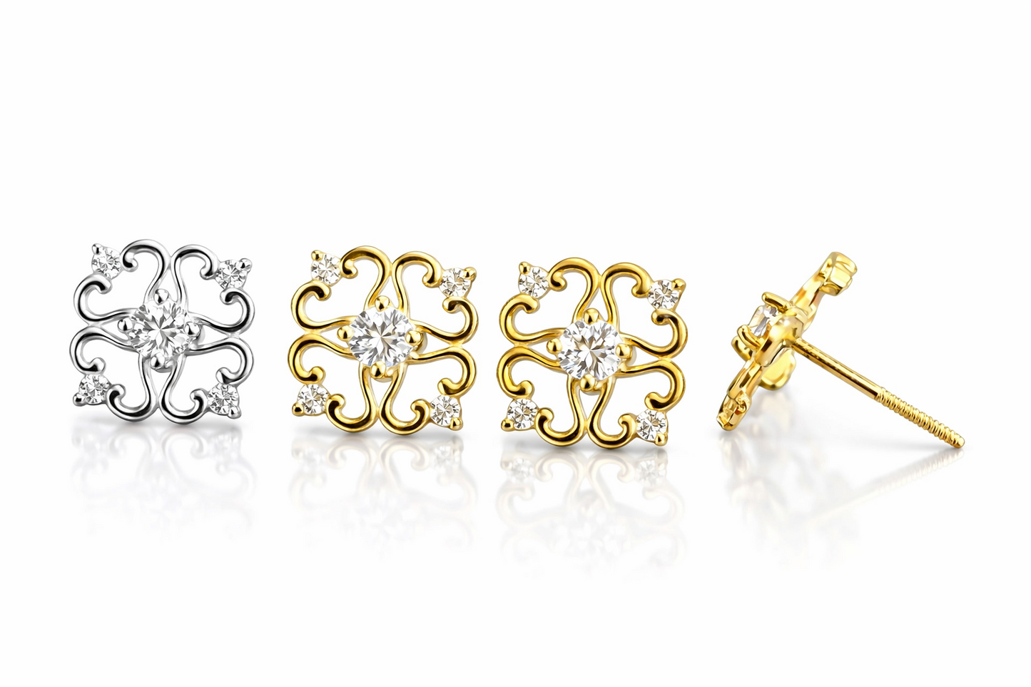 14k Yellow and White Gold Flower Stud Earrings with Cz